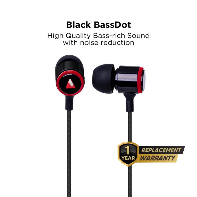 BLACK BassDot Nylon Wired In-ear with mic, call, music, vol control, 1Yr Warranty BLACK BassDot Nylon Wired In-ear with mic, call, music, vol control, 1Yr Warranty